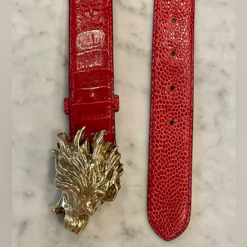 Ostrich Skin belt with Gold Lion Buckle, red, 31”L, EUC - Picture 2 of 12